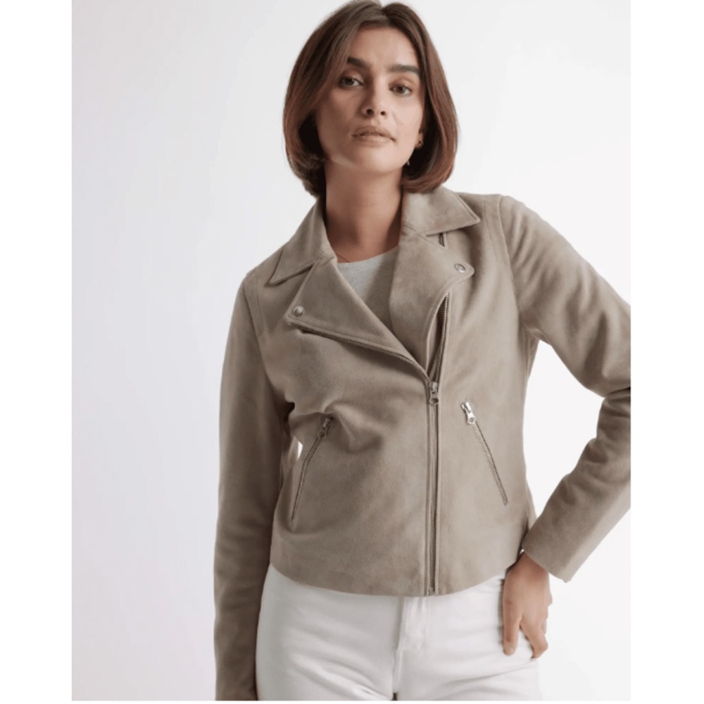 Quince Women's Sand-Tan Suede Motorcycle Jacket Size XL Goat Leather Biker